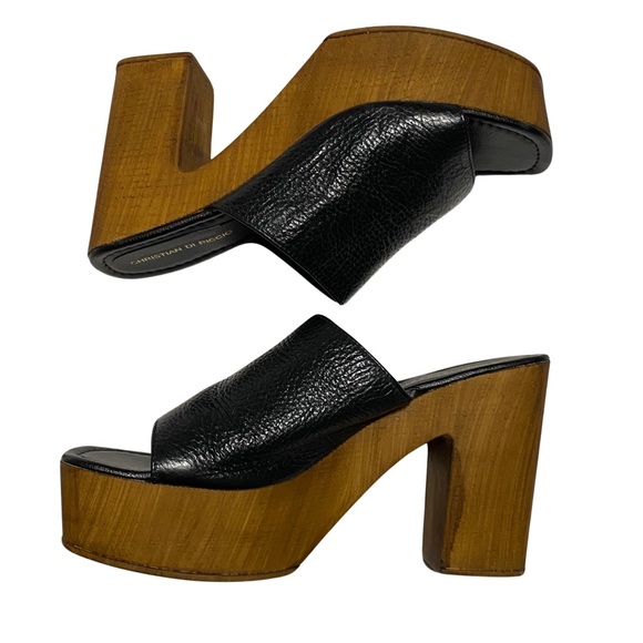 Christian Di Riccio Platform Slides, Wooden Soles, Black Leather Upper - Picture 3 of 12